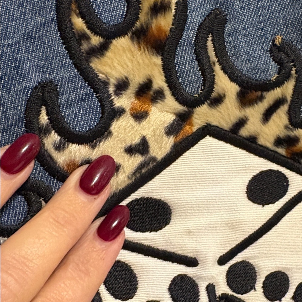 Guess women’s Rex Blue Denim Jacket Leopard faux fur Collar / back fur dice L - Picture 10 of 16